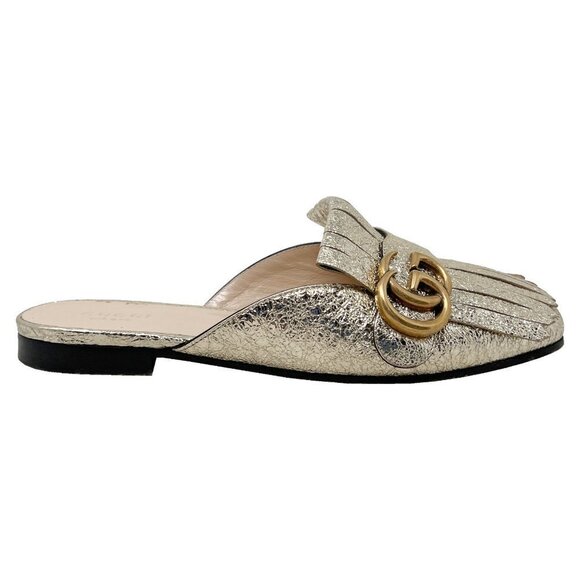 Gucci Marmont Logo Gold Foiled Leather Kiltie Fringe Flat Loafer Mules - Picture 3 of 8